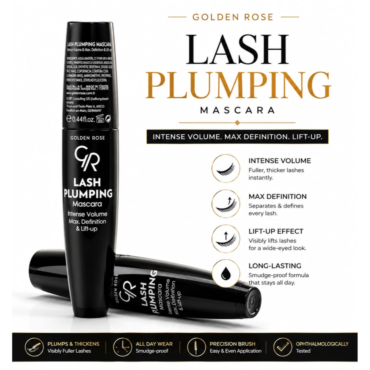 ریمل حجم‌دهنده و حالت‌دهنده گلدن رز مدل Lash Plumping (Intense Volume)