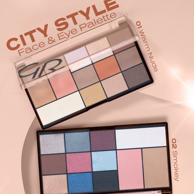 پالت همهکاره صورت و چشم گلدن رز مدل City Style رنگ 01 Warm Nude – شامل ۹ سایه، هایلایتر، برونزر و رژگونه